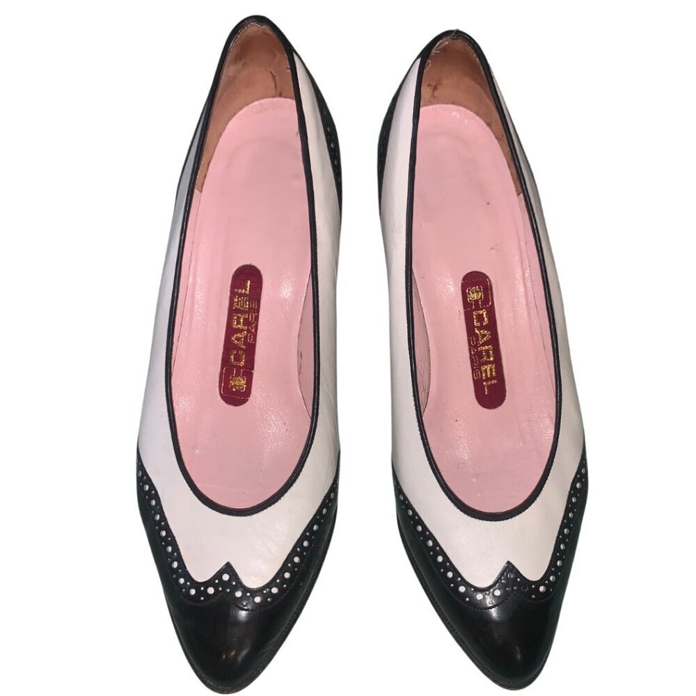 CAREL Paris Vintage Two-Tone Pumps 7 Black White Leather Low Heel Retro Shoes